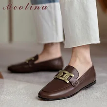 Meotina-mocasines planos de piel auténtica Natural para mujer, zapatos de vestir con punta redonda, con decoración de Metal, color Beige, talla 43