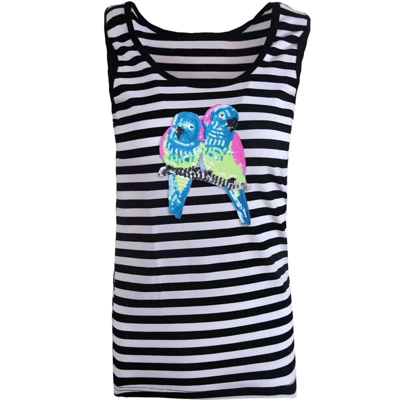 

Hot Selling Summer Amount of Running Large Size Camisole for Women Sequin Parrot Embroidered Stripes U Collar Cotton Vest
