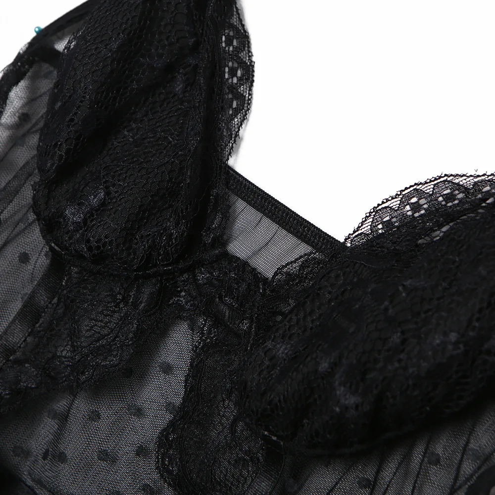ArtSu Sexy Mesh Lace Transparent Bodysuits 2Pieces Set Nightwear Women Bodycon Polka Dot Bodysuit See Through Catsuits ASJU60396