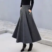 Шерстяные юбки для женщин s осень зима элегантная длинная юбка Jupe Femme винтажная Макси шерстяная плиссированная юбка с высокой талией Женская юбка C5777
