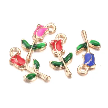 

10pcs/pack Rose Flower Enamal Charms Metal Pendant Golden Color Earring Keychains DIY Fashion Charms for Jewelry Making