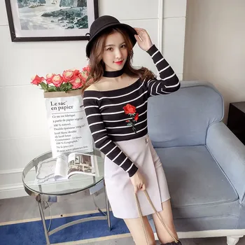 

Womens Slash Neck Striped Sweaters Embroidery Flower Pullovers Slim Long Sleeve Jumpers Rk