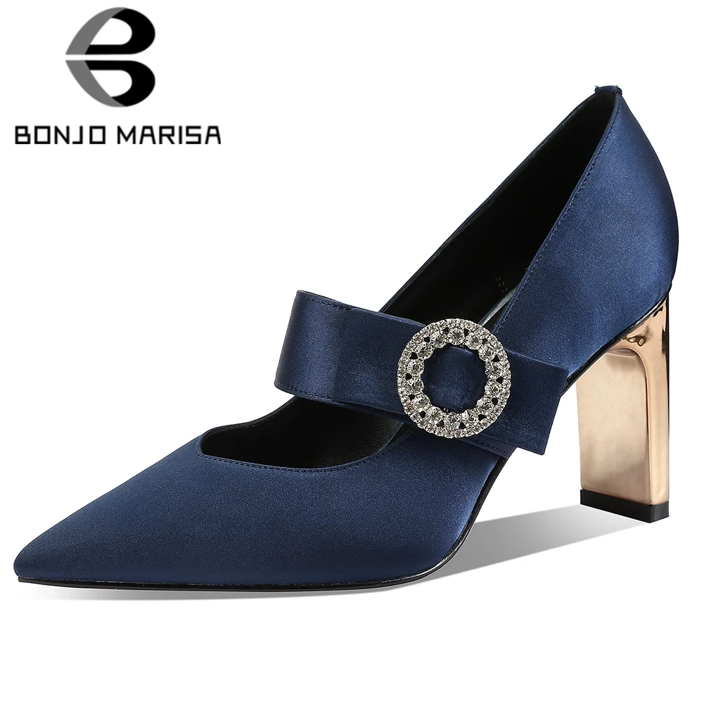 

BONJOMARISA Ladies New Spring Elegant Silk Pumps Party Sexy Pointed Toe Mary Janes Pumps Women High Heels Date Shoes Woman