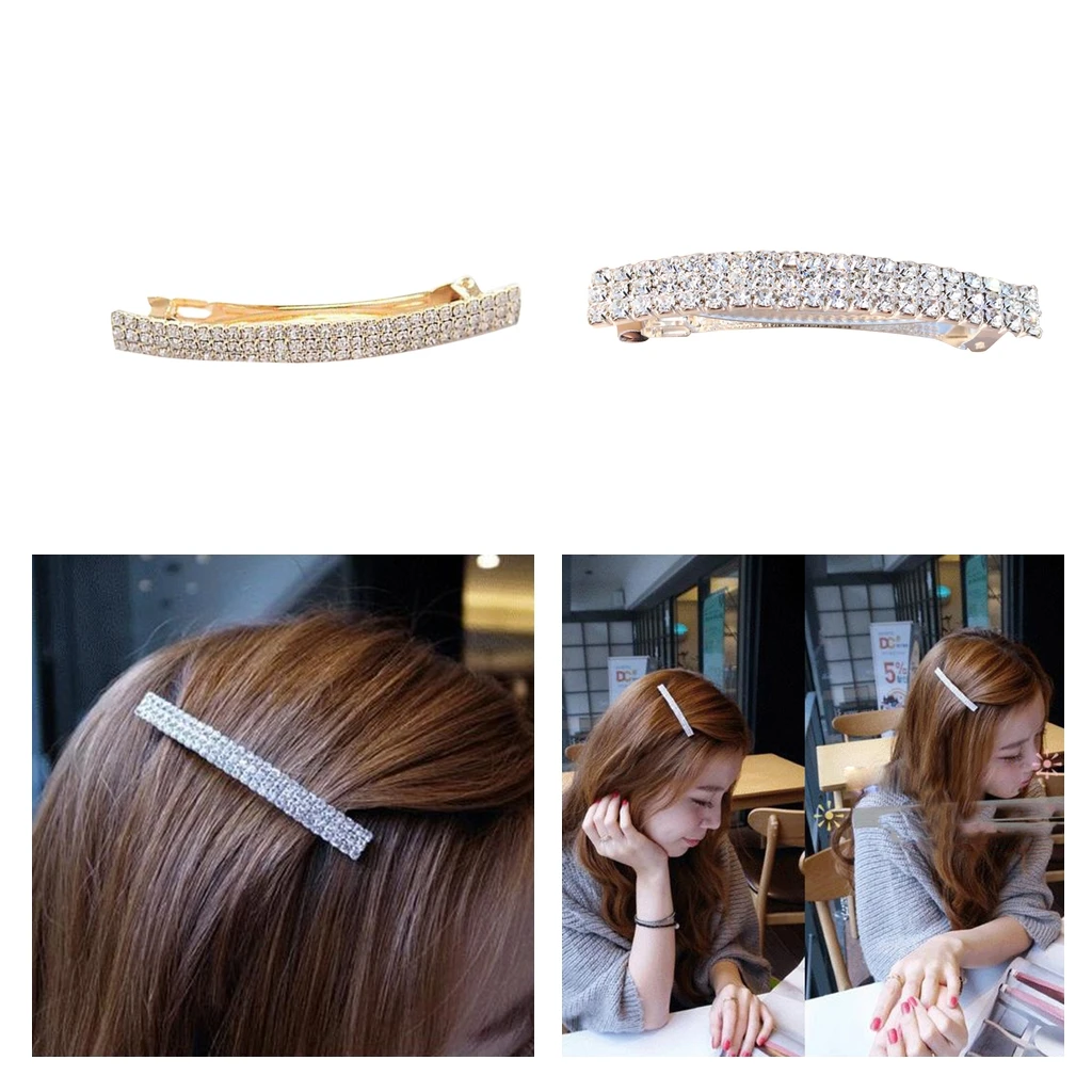 2 Pieces Rhinestone Rectangle French Barrette Hair Clips Automatic Spring Barrette