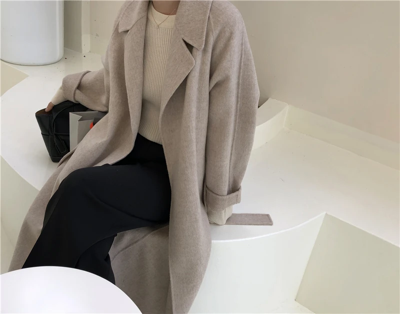 New Simple Loose Turn-down Collar Women Long Coats Winter Warm Full Sleeve Lace-up Woolen Coats Female Cardigan Coats