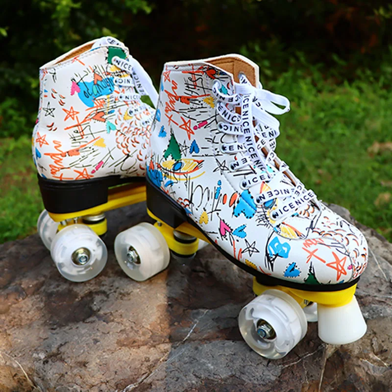 

2021 New Graffiti Print Artificial Leather Roller Skates PU Flash 4-Wheel For Adult Woman Kids Outdoor Patines Quad Sneakers