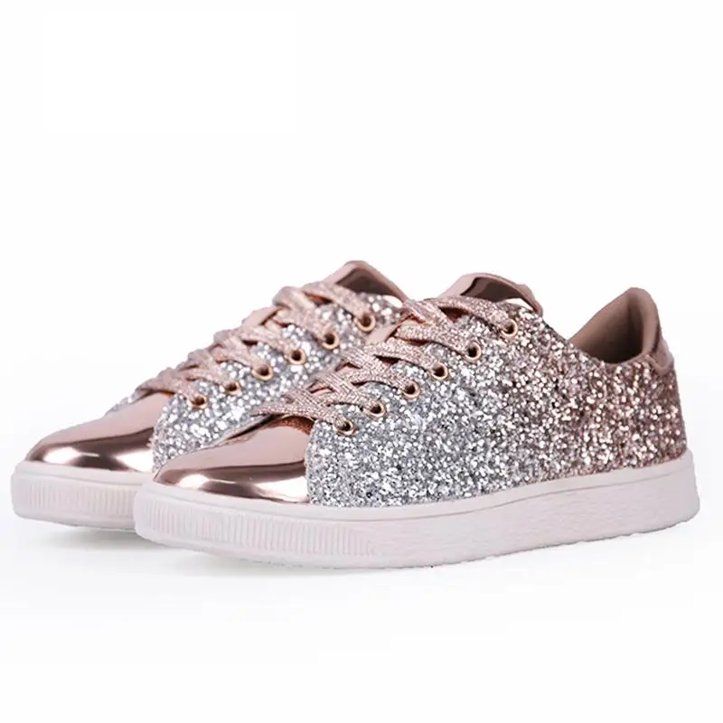 

Womens Fashion Casual Rock Glitter Sparkling Sneakers Women's Encrusted Lace Up Shoes White Sole Fashion Street Sneakers Shiny