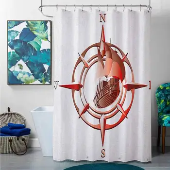 

Shower Curtains Green Leaves Compass,Red Colored Windrose with a Ship in The Middle Navigation Travel in The Sea Print, Red