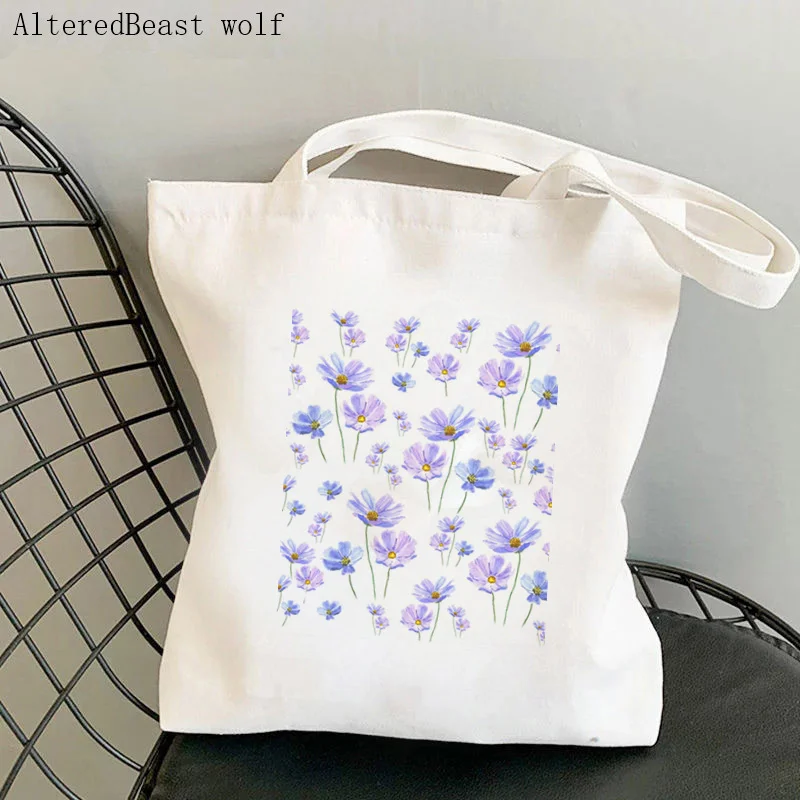 Women Shopper bag purple cosmos flowers Printed Bag Harajuku Shopping Canvas Shopper Bag girl handbag Tote Shoulder Lady Bag