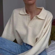 

Casual Solid Color Sweater Simple Basic Lapel Loose Pullover Y2k Autumn Knitted Pullover Lapel Cropped Top Basic Streetwear 90s