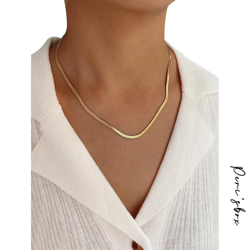 Peri'sBox 3mm Simple Herringbone Chain Choker Necklace Women Gold Color Titanium Steel Smooth Thin Flat Snake Necklaces | Украшения и
