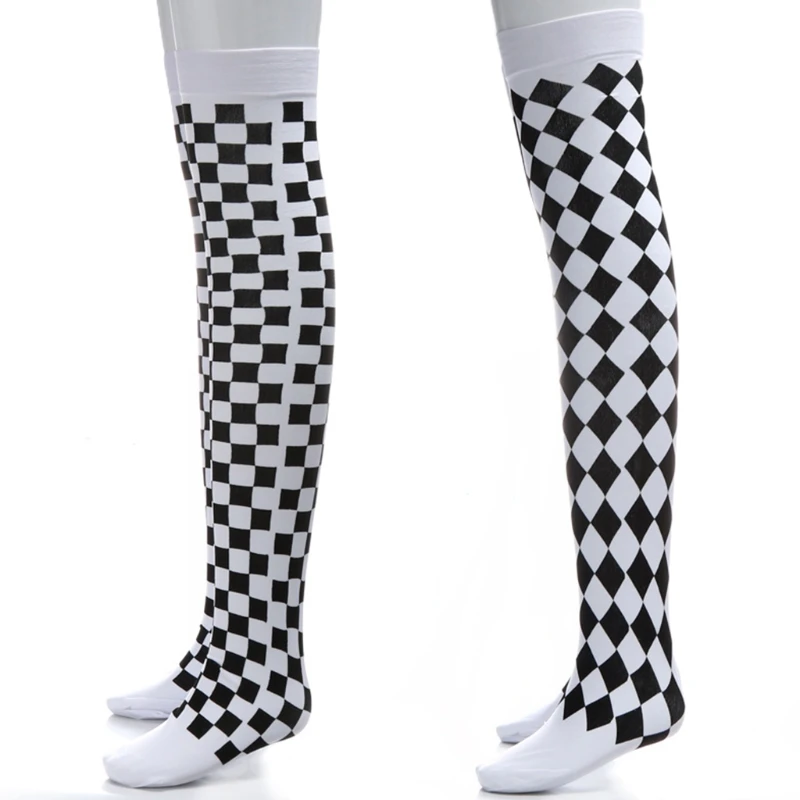 Clown Costume Black White Plaid Knee-High Long Socks Halloween Carnival Party