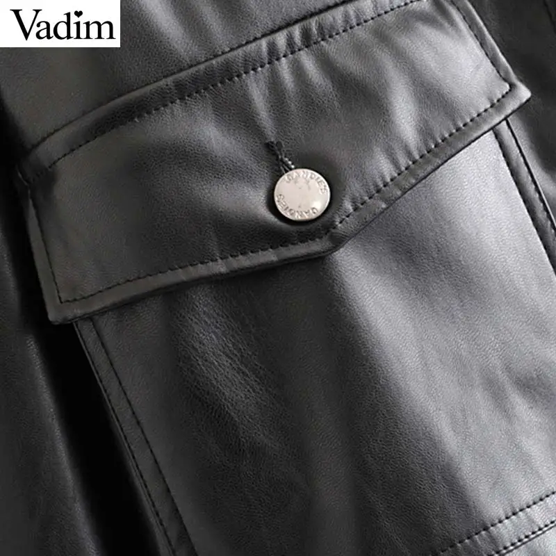 Vadim Женская шикарная черная блузка из искусственной кожи с карманом, украшенная длинным рукавом, рубашка с отложным воротником, женские стильные повседневные топы LB573