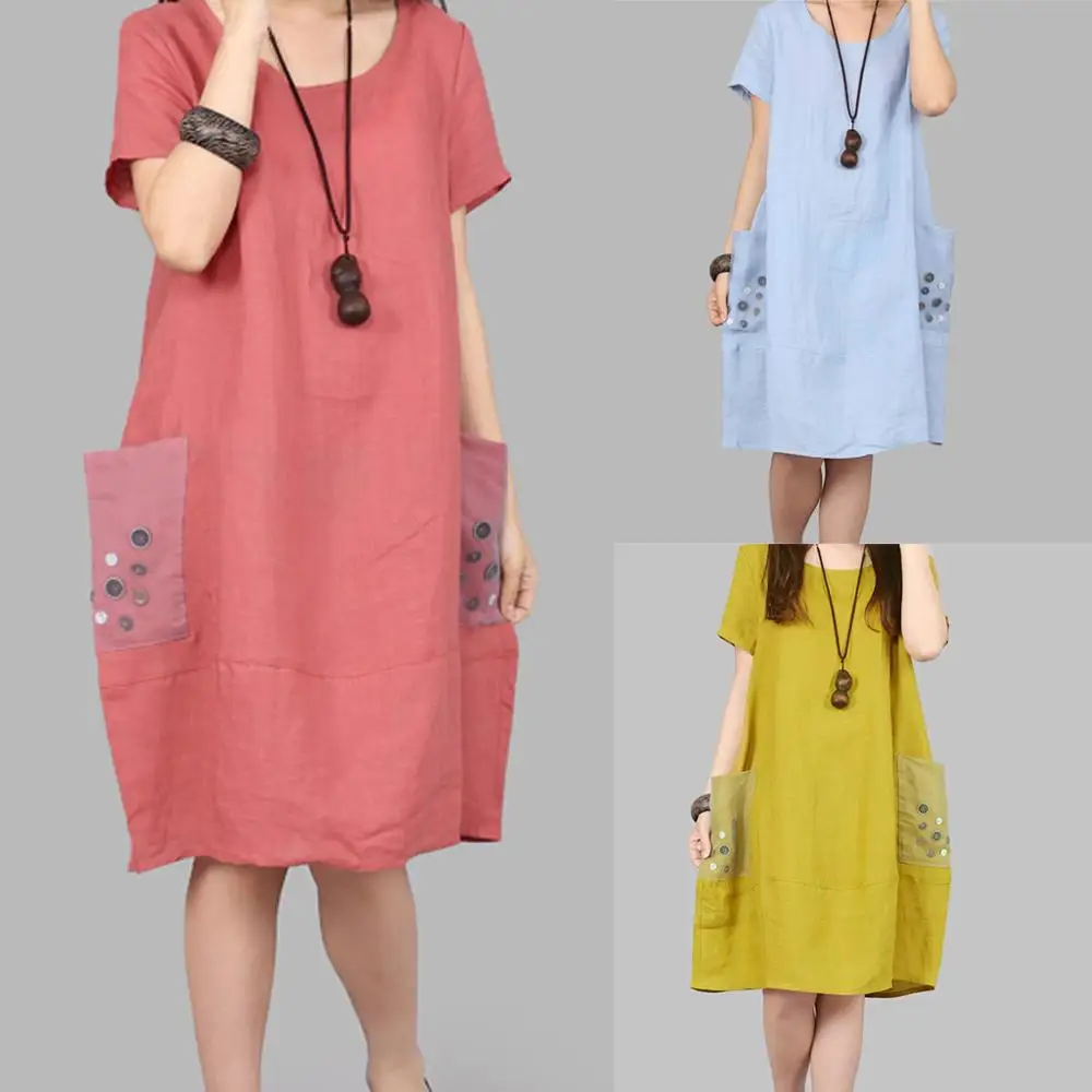 

2019 large size Women's Dresses Fashion Pocket O-neck dress Summer loose short-sleeved Dresses