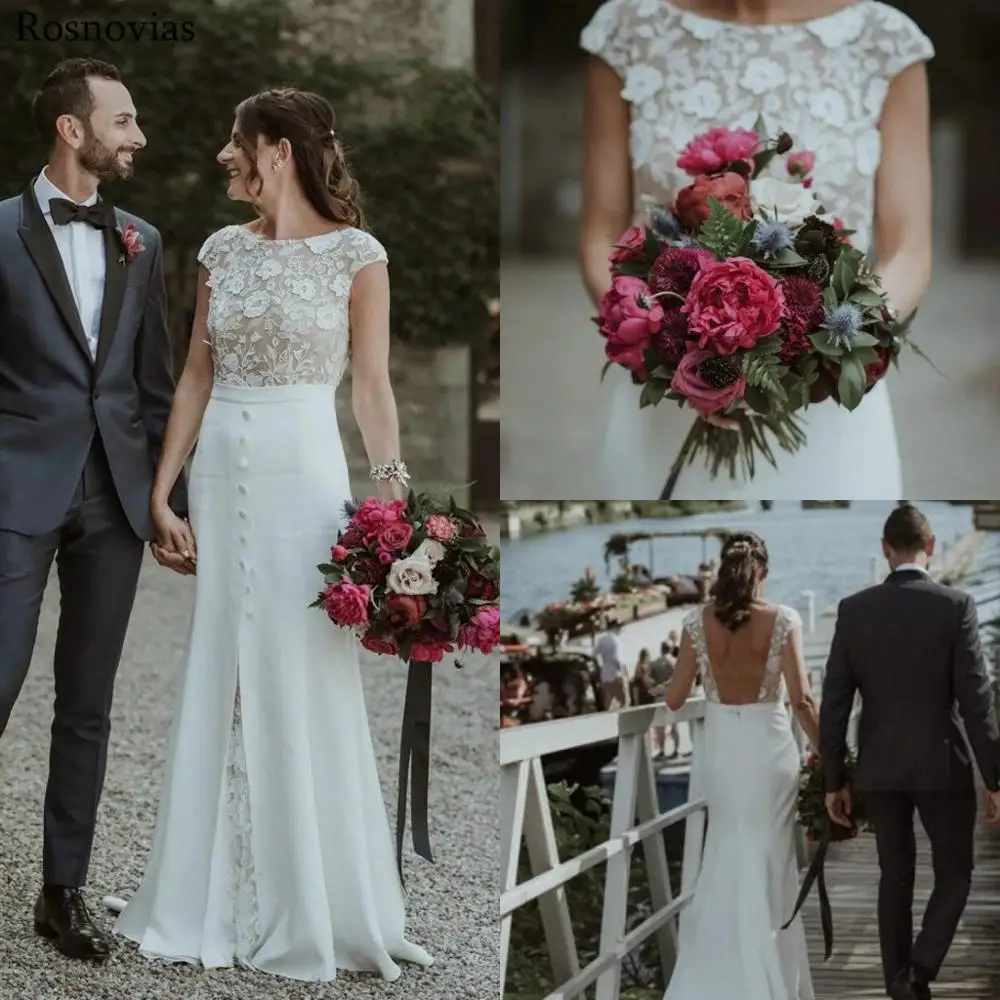 

Country Boho Mermaid Wedding Dresses 2019 Scoop Backless Sweep Train Appliques Vestido De Novia Beach Lace Bridal Gowns Custom