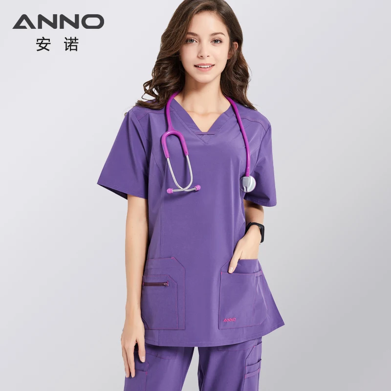 ANNO Non-stick Hair Scrubs Set Elasticity Nurse Uniform Slim fit Nursing Dress Pet Hospital Staff Cloths Veterinary Work Wear
