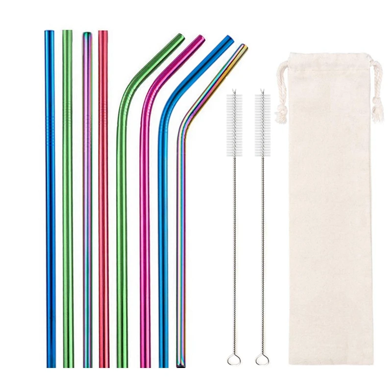 Vibrant Reusable Eco-Friendly Stainless Steel Straw Set - 10 Colorful Straws