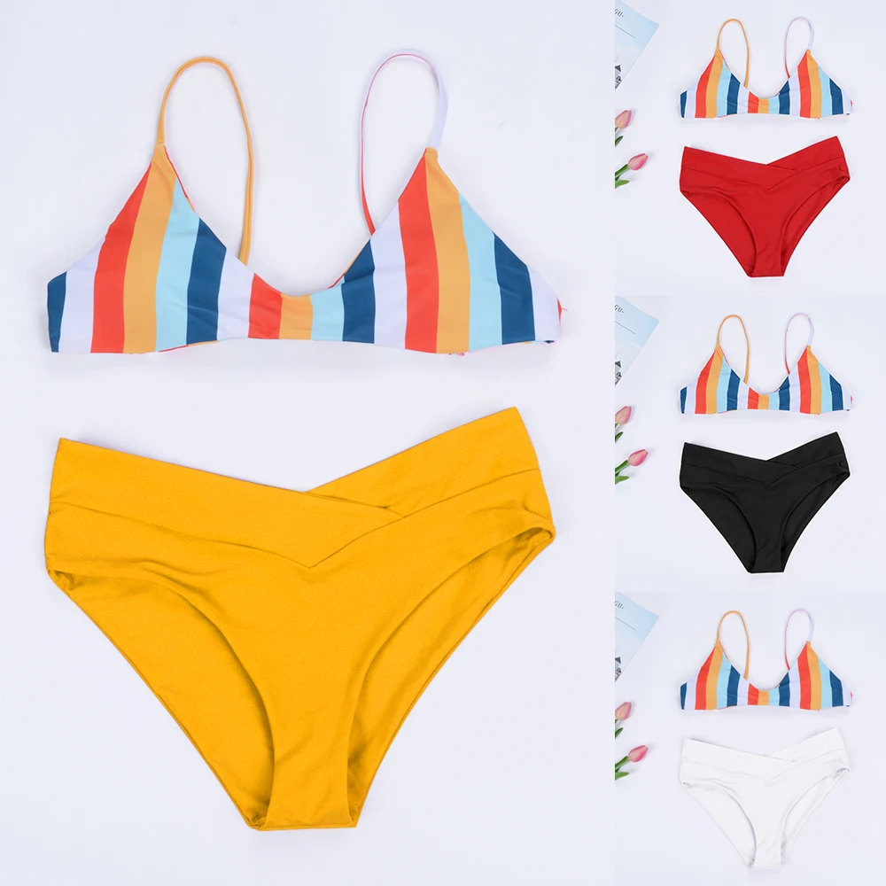 

High Waist Beachwear Striped Bikini Set Women 2Pcs Swimwear Cross Backless Bathing Suit Swimsuits Female Push Up Bikinis