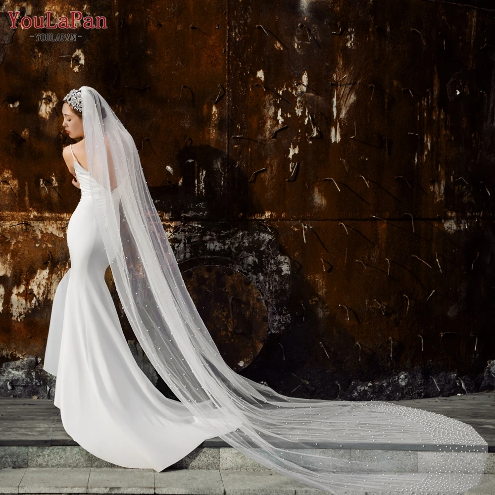 YouLaPan V10 Royal Pearl Wedding Veil Cathedral Veil Bride Long Beaded Veils  White Ivory Wedding Veils with Comb Luxurious