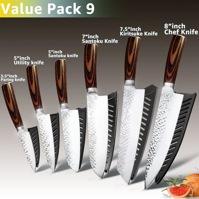 Value pack 9 Набор кухонных ножей, ножи шеф-повара, японские 7CR17 440C, высокоуглеродистая Нержавеющая сталь, Santoku, нож для нарезки мяса - Цвет: Value pack 9