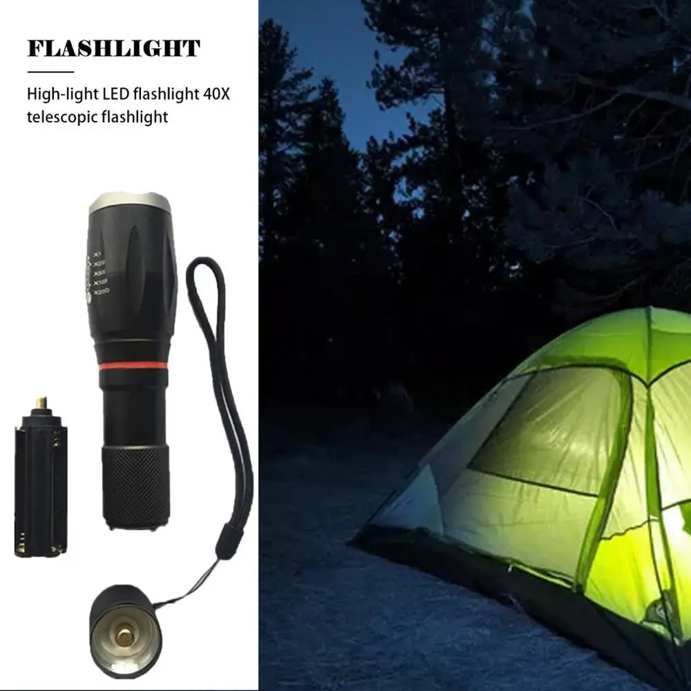 Led Flashlight Powerful Camping Torch Aluminum Alloy Telescopic Zoomable Flash Light 40X Electric Torch