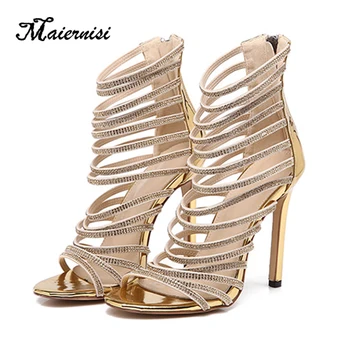 

MAIERNISI Summer Sexy Gold Women High Heels Cross Strap Stripper Sandals Female Fetish Shoes Lady Bling Pumps Big Size 42