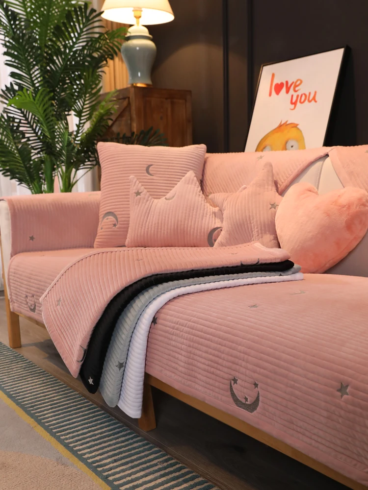 High-grade embroidery New short plush fabric Winter sofa cushion slip combination sofa cover backrest towel cushion four seasons