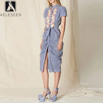 

AELESEEN Runway Fashion Stripped Dress 2020 High Quality Summer Shirt Dress Flower Embroidery Drapped Bodycon Party Dress
