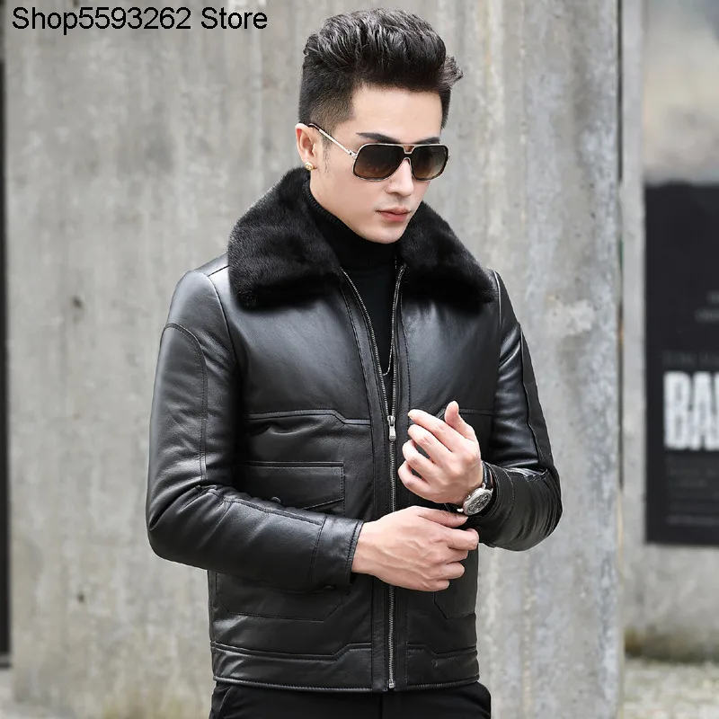 

Genuine Leather Leather Coat Men Head Layer Cowhide Mink Mao Collar Genuine Leather Down Jacket Short Money Down Leather Coat