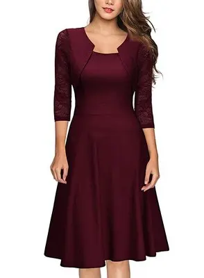 wine red Женское винтажное сексуальное платье с асимметричным подолом 3/4, с кружевными рукавами, полиэфирное повседневное коктейльное, вечерние, офисное платье, женское платье винно-красного цвета - Цвет: wine red