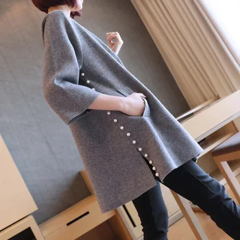 

Sweater Women's Loose Women's Large Coat Pearl Autumn and Winter 2019 Medium Length Nail Bead Solid Gray Color Knitted Cardigan