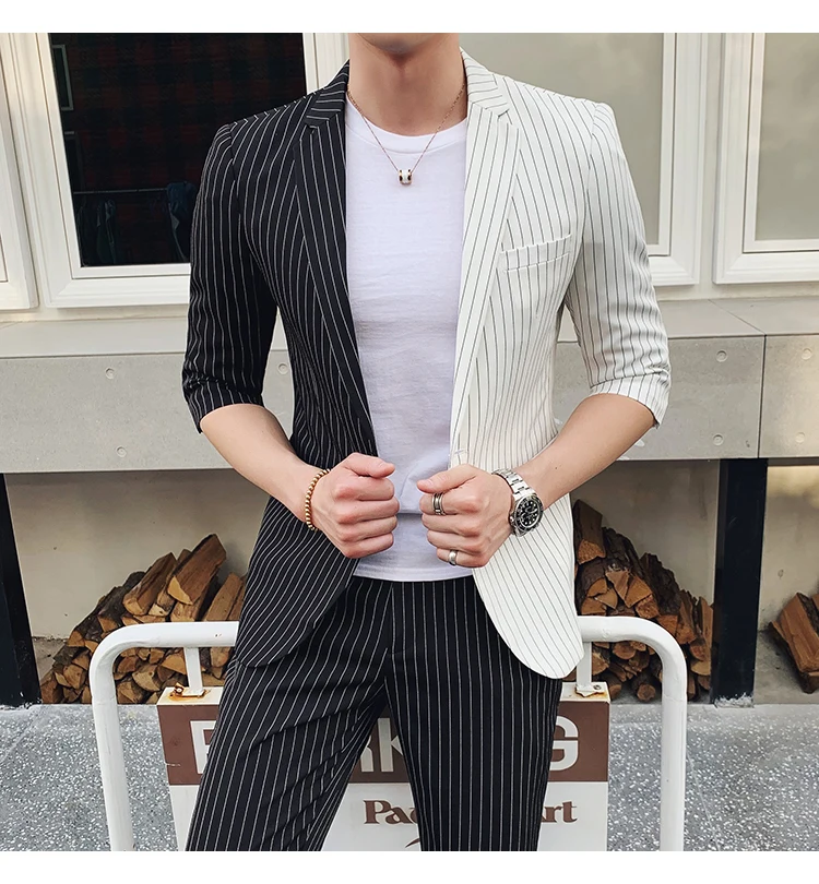 Broek) zwart Wit контрастный стрейп Mannen Pak Voor broiloft Zomer Mannen смокинг костюм Roken Homme Mariage Mannen Pak Slim Fit
