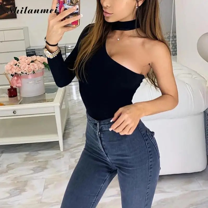 

2020 One Shoulder Sexy Bodysuits Hollow Out Slim Bodysuit Women Solid Black Red Nightclub Jumpsuits Fashion Ins Female Playsuits
