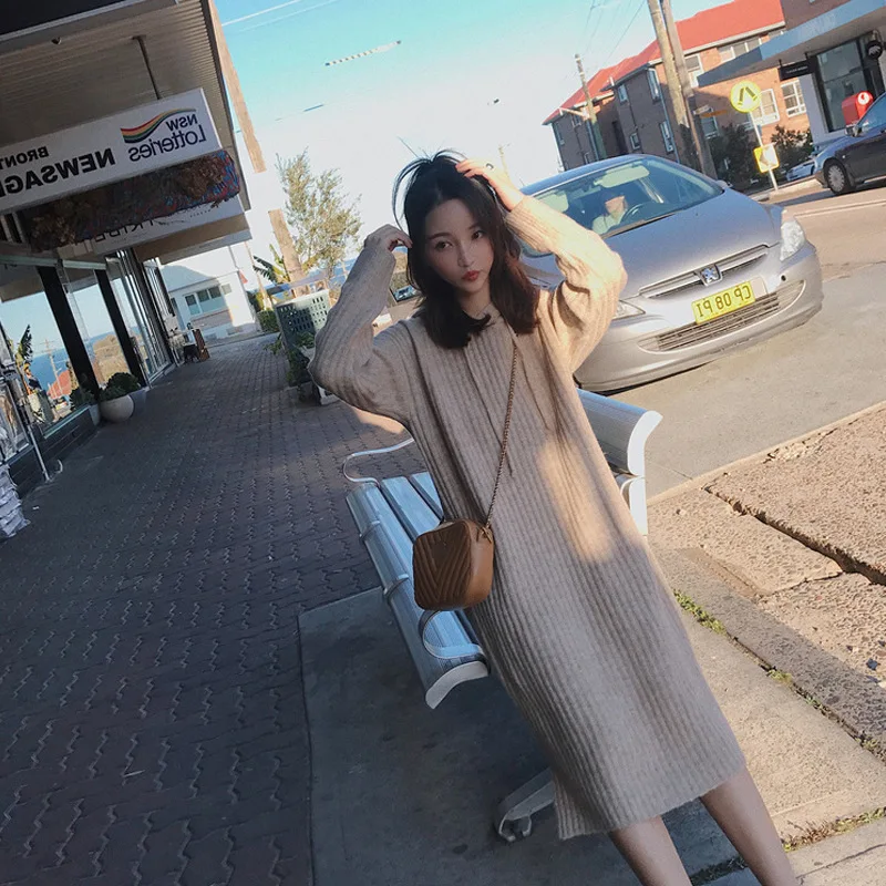 GareMay casual hooded knitted dress winter women's maxi Sweater Dress warm Long loose Long thick long sleeve purple dress female