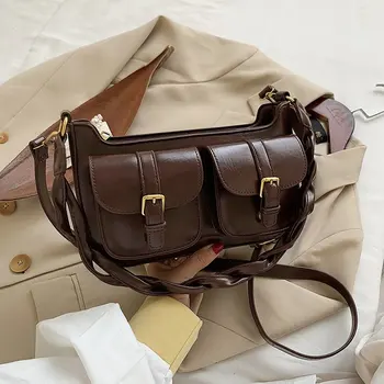 

Retro Double Pocket Crossbody Bags Small Winter Trendy Fashion Solid Shoulder Handbags Black Branded Trending Messanger Bags