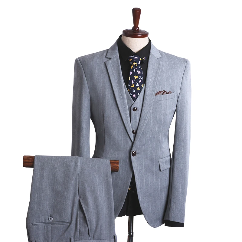 Light gray Брендовый мужской костюм, деловой Блейзер, мужской, для жениха, три штуки, приталенный, для вечеринки, одежда на одной пуговице, свадебное платье, костюмы, пиджак - Цвет: Light gray