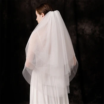 

ISHSY White Ivory Short 4 layers Bridal Wedding Veils Tulle Veil with Comb Pearls voile de Mariage Mariee Perles velo de novia