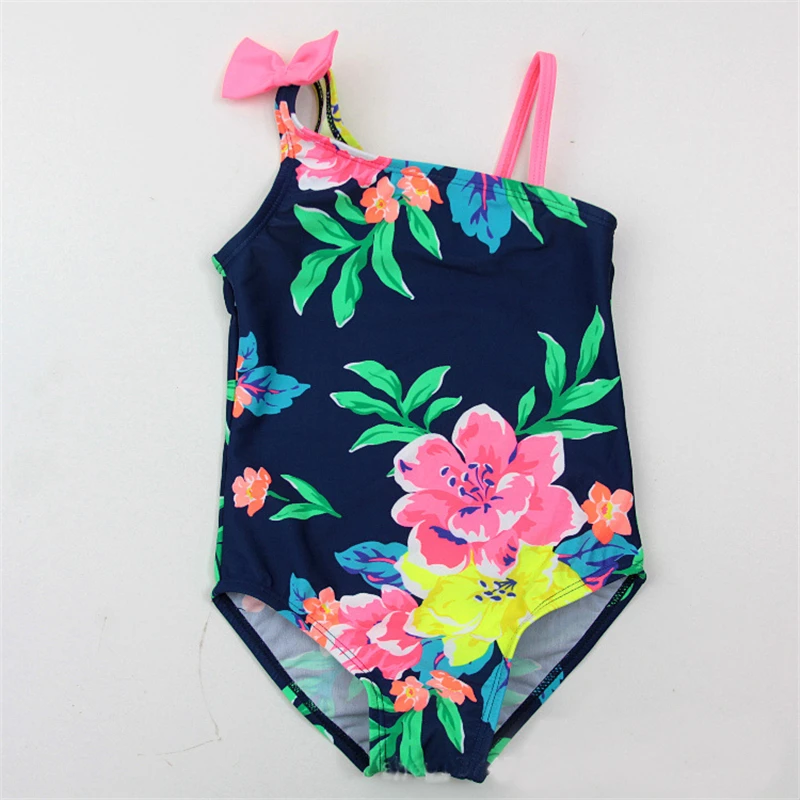 Детский слитный купальник темно синий с цветочным принтом для девочек 2 7 лет