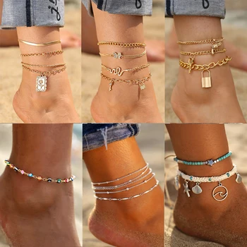 17KM Punk Multilayered Lock Snake Chain Anklet For Women 2021 Trend Gold Butterfly Shell Anklets Foot Bracelet Beach Jewelry