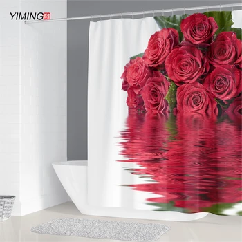 

200x180cm bathroom waterproof shower curtain red rose flower printing polyester home decoration curtain with hook