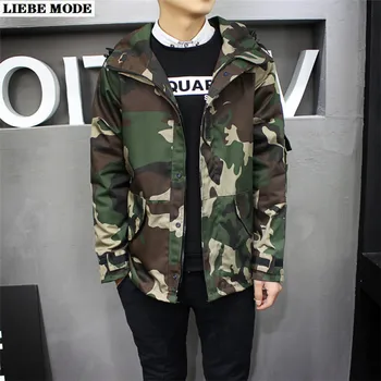 

Men Streetwear Camouflage Hooded Jackets Coats Korean Style Men's Camo Cargo Trench Spring Autumn Bomber Windbreaker Plus Size
