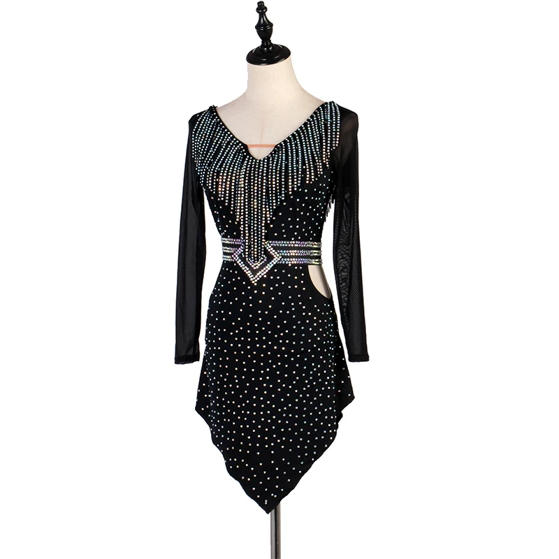 Women Latin Competition Dance Skirt Long Sleeve Latin Dancing Dress Adult Standard Rumba Samba Latin Diamond Dance Skirt