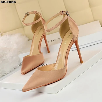 

Bigtree Simple High Heel Silk Fabrics Shallow Mouth Pointed Cutout Sexy Nightclub Slim A- Line with High-Heeled Sandals