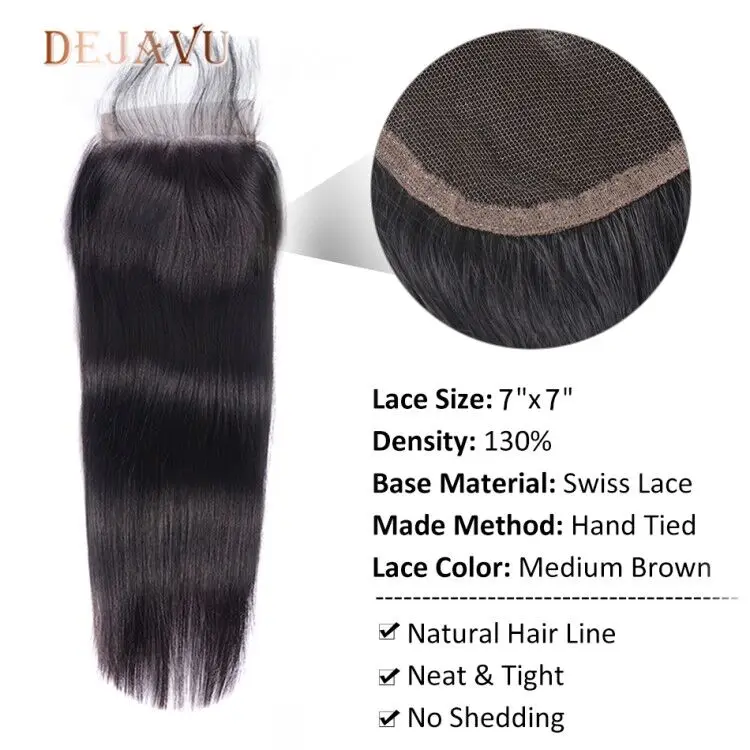 DEJAVU remy hair 7*7, прямые бразильские волосы,, человеческие волосы, натуральный цвет, предварительно выщипывающиеся волосы