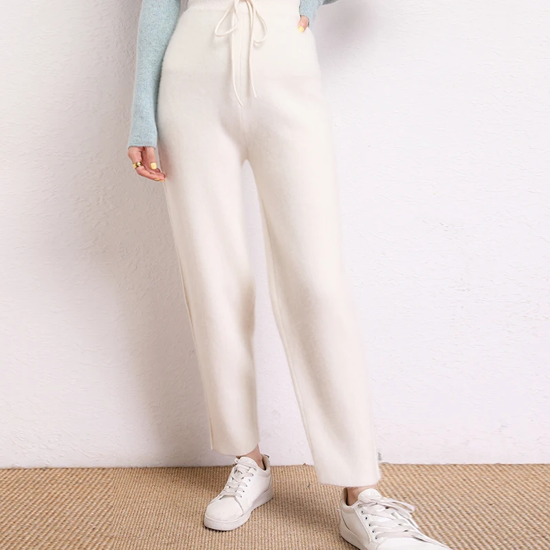 

LONGMING Women Knitted Pants 100% Cashmere Autumn Winter Warm Sweater Trousers Straight Leg Long Pants Ladies Drawstring Korean
