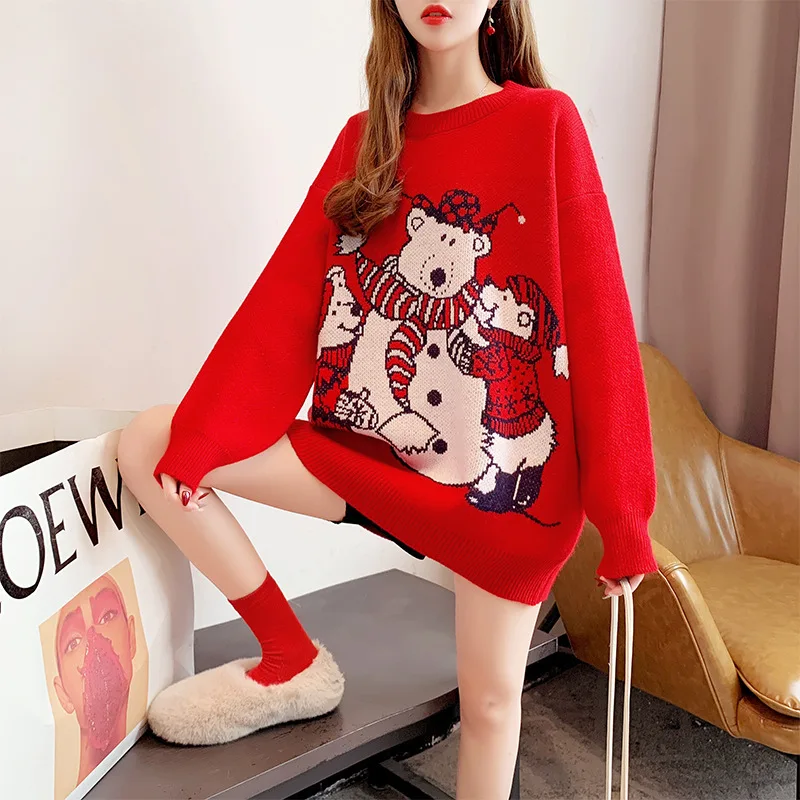 

2020 New Ugly Christmas Red Sweaters Women's Jumper Pullover Autumn Winter Oversized Knit Sweater Tops For Fashion Female