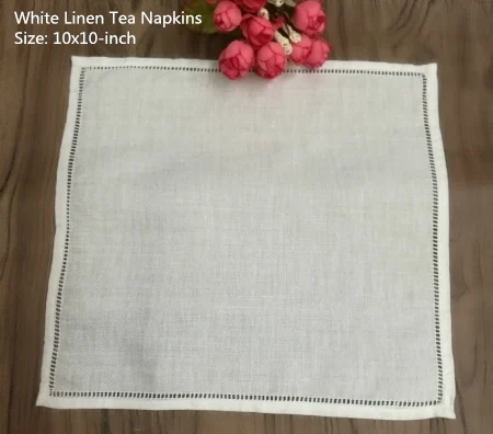 Набор из 4 модных носовых платков полотенце 10x10-дюймовые белые льняные сшитые чайные салфетки из ткани для гостей кухонное полотенце