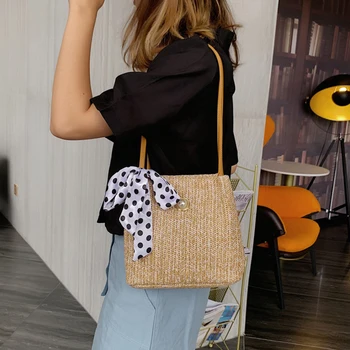 

Casual Grass Woven Women Bag 2020 Korean Style Simple Lace Shoulder Bags For Women Fashion Handbags With Drawstring