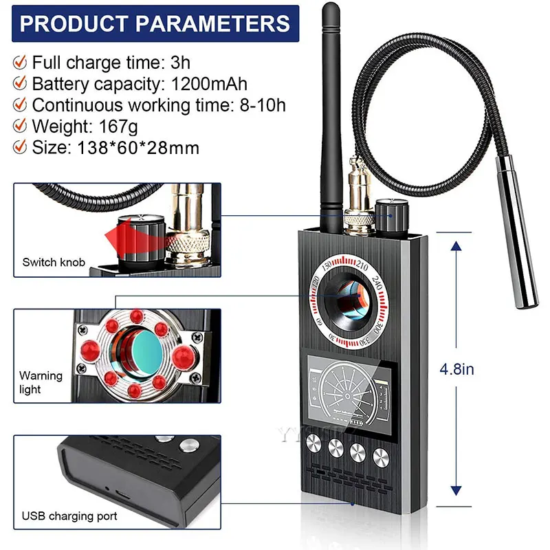 K-68 Détecteur de Bogues GSM Détecteur de Signal GPS Dispositif de  Recherche de Signal Radiofréquence Haute Sensibilité, pour Caméra Cachée