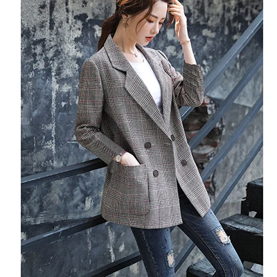 Brown Plaid Blazer Осенние зимние Блейзеры Женские повседневные клетчатые блейзеры куртки женские модные блейзер с воротником Feminino 5XL - Цвет: Brown Plaid Blazer